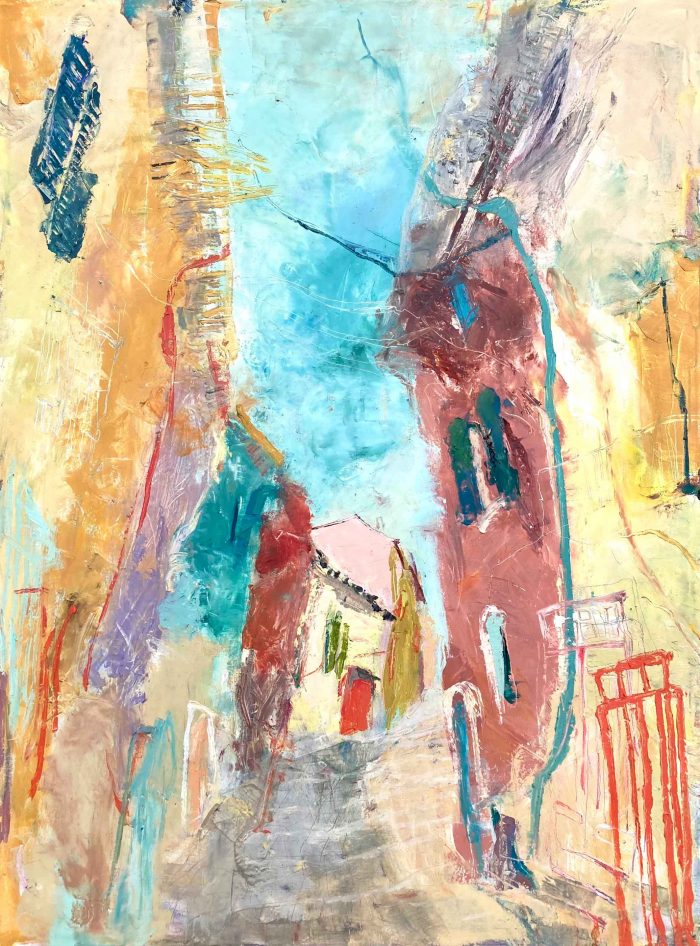 The Red Door of Madame Celine. European Landscape Paintings by Julia Maleeva. Oil & cold wax on canvas.