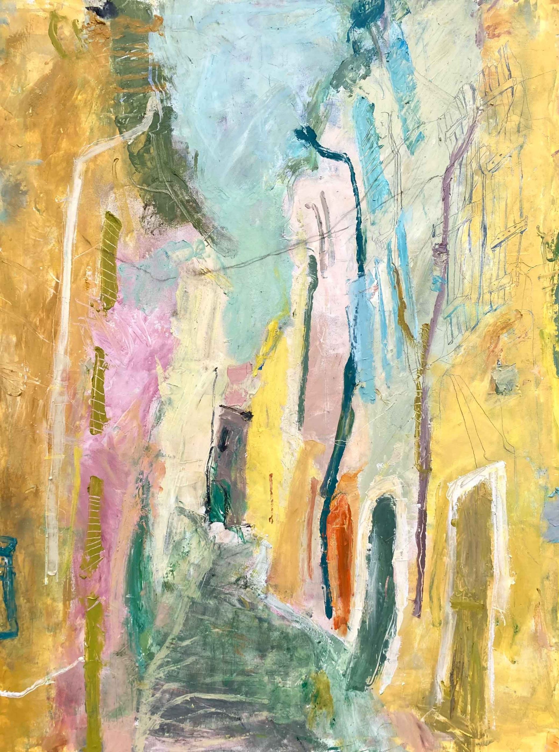 Yellow Afternoon with Aubergine Shadows. European Landscape Paintings by Julia Maleeva. Oil & cold wax on canvas.