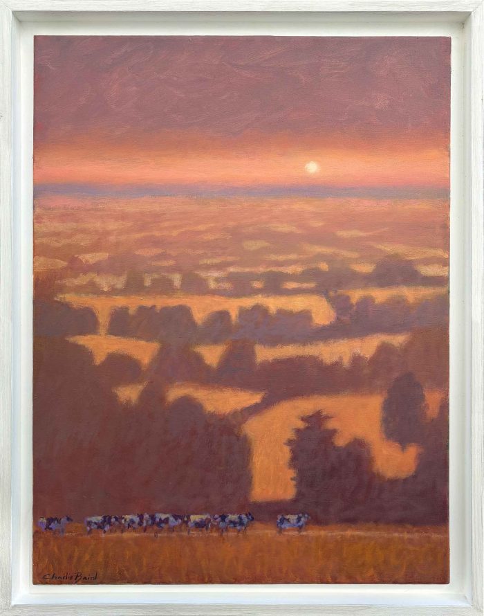 Milking Time. Birds & Animals Landscape Paintings by Charlie Baird. Mixed Media on Linen.