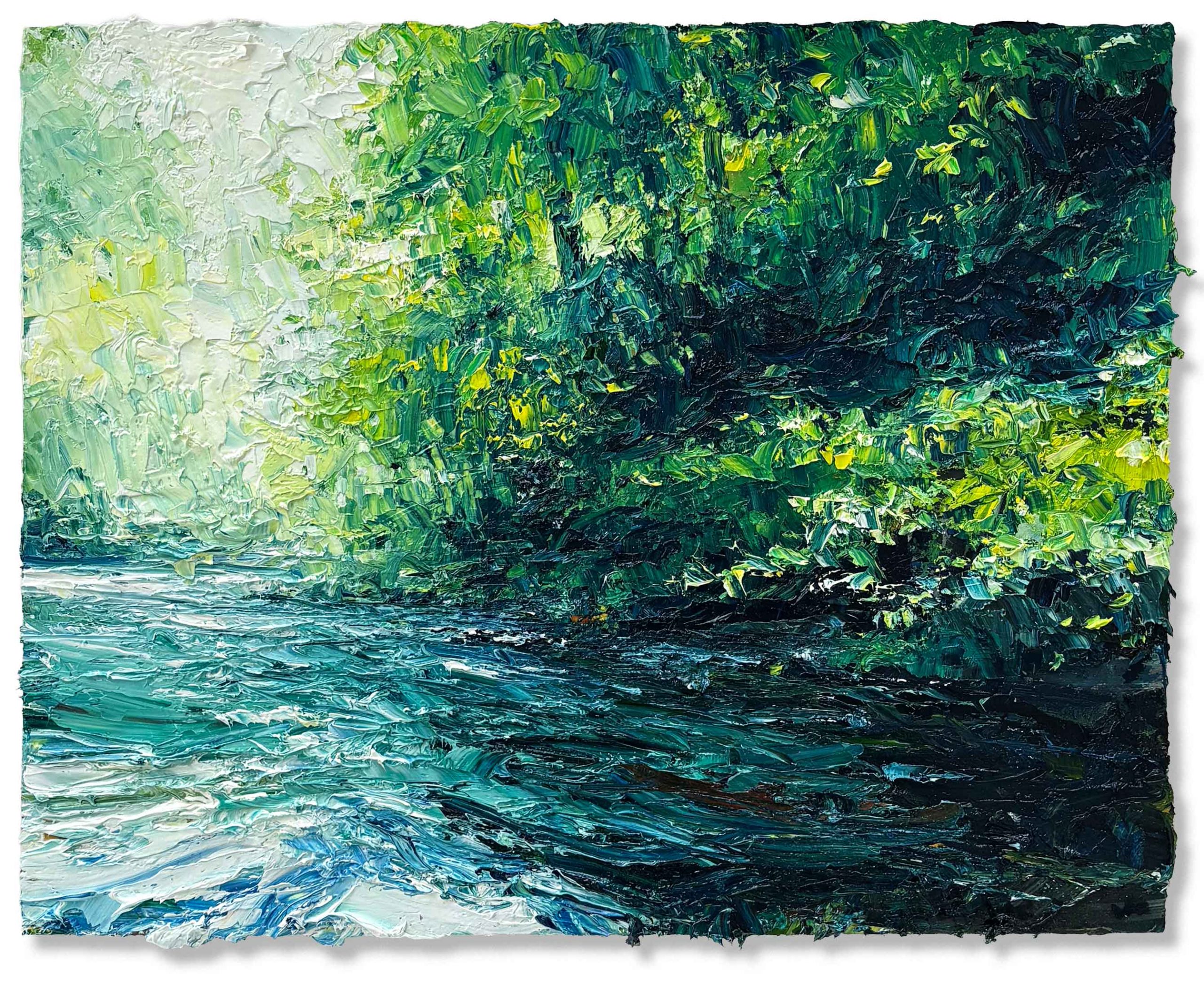 Fast Flowing Water, River Dart. Devon Landscape Paintings by David Morgan. Oil on board.