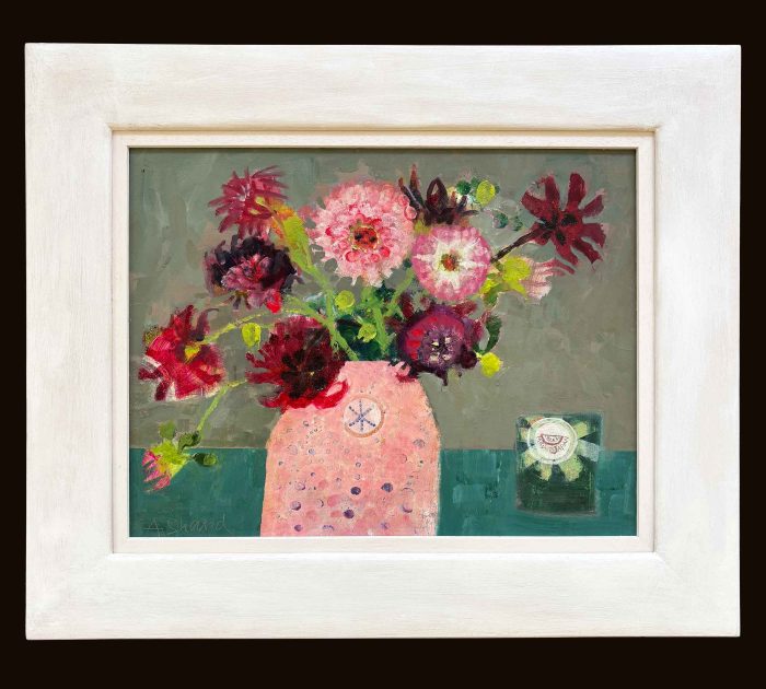 Dahlias. Floral Interiors Paintings by Arabella Shand. Oil on board.