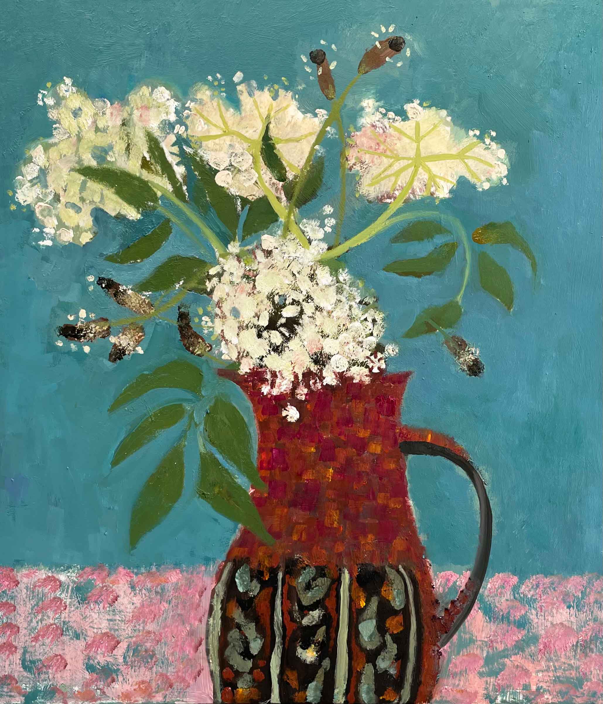 Elderflower & Plantain. Still Life Floral Paintings by Arabella Shand. Oil on board.