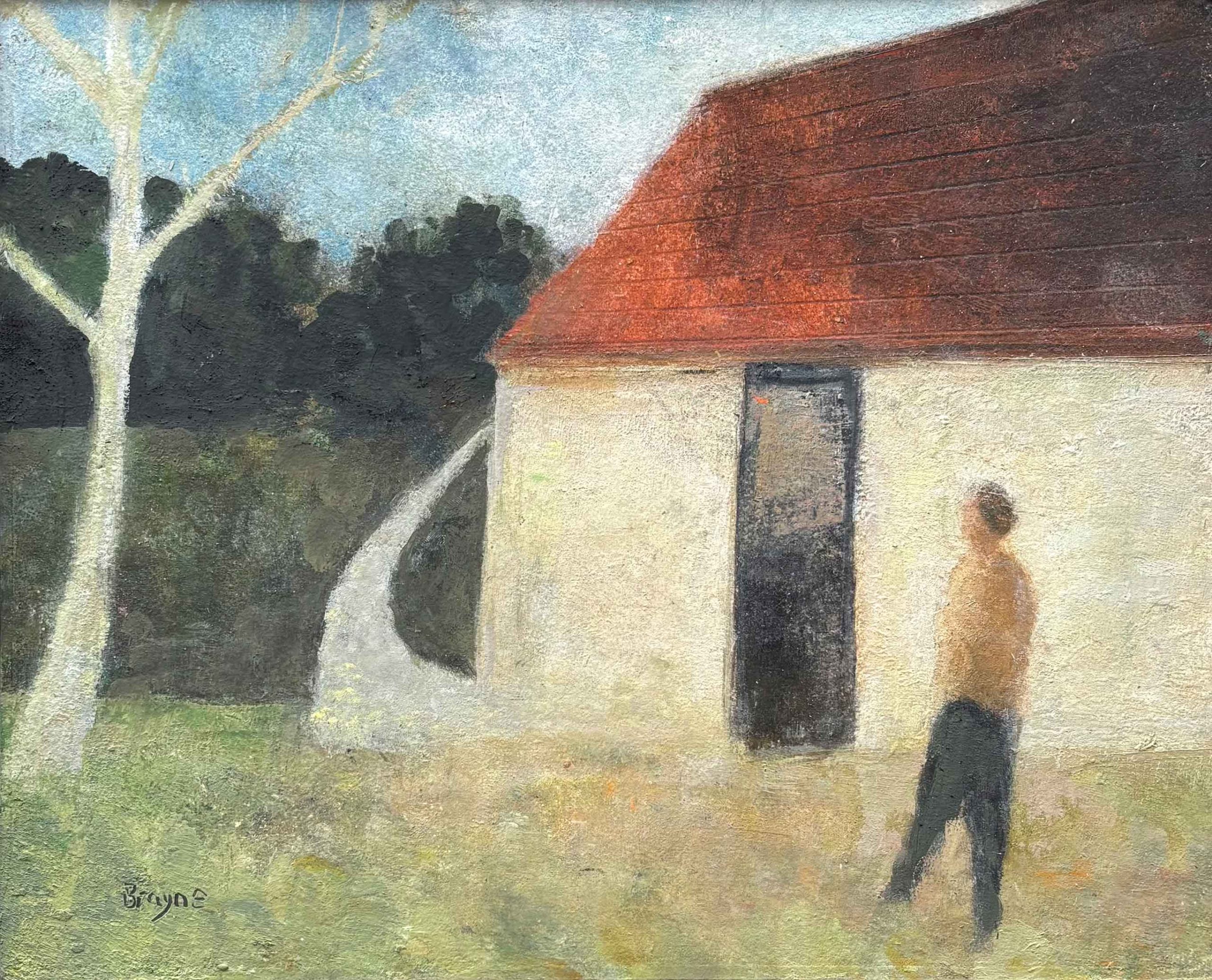 Field Barn. Landscape Figurative Paintings by David Brayne. Acrylic & pigment on board.