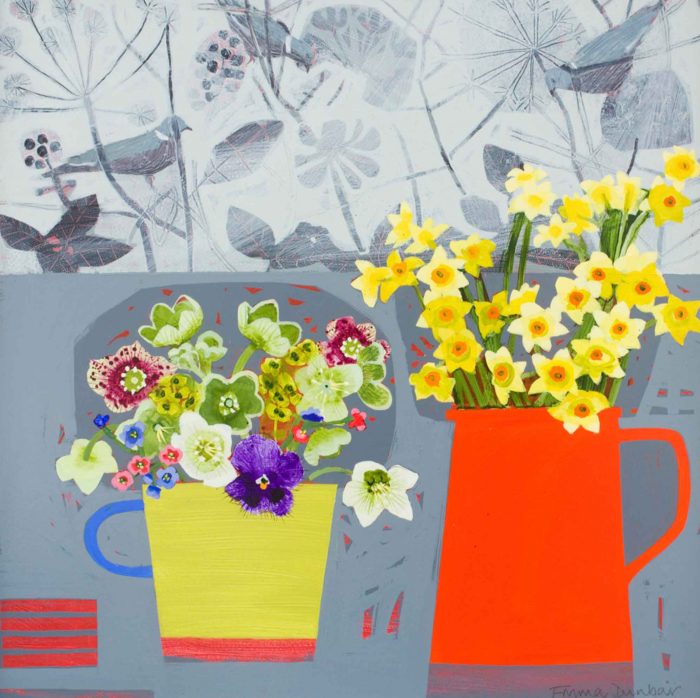 A Spring Day, Pigeons. Still Life Floral Paintings by Emma Dunbar. Acrylic on board.