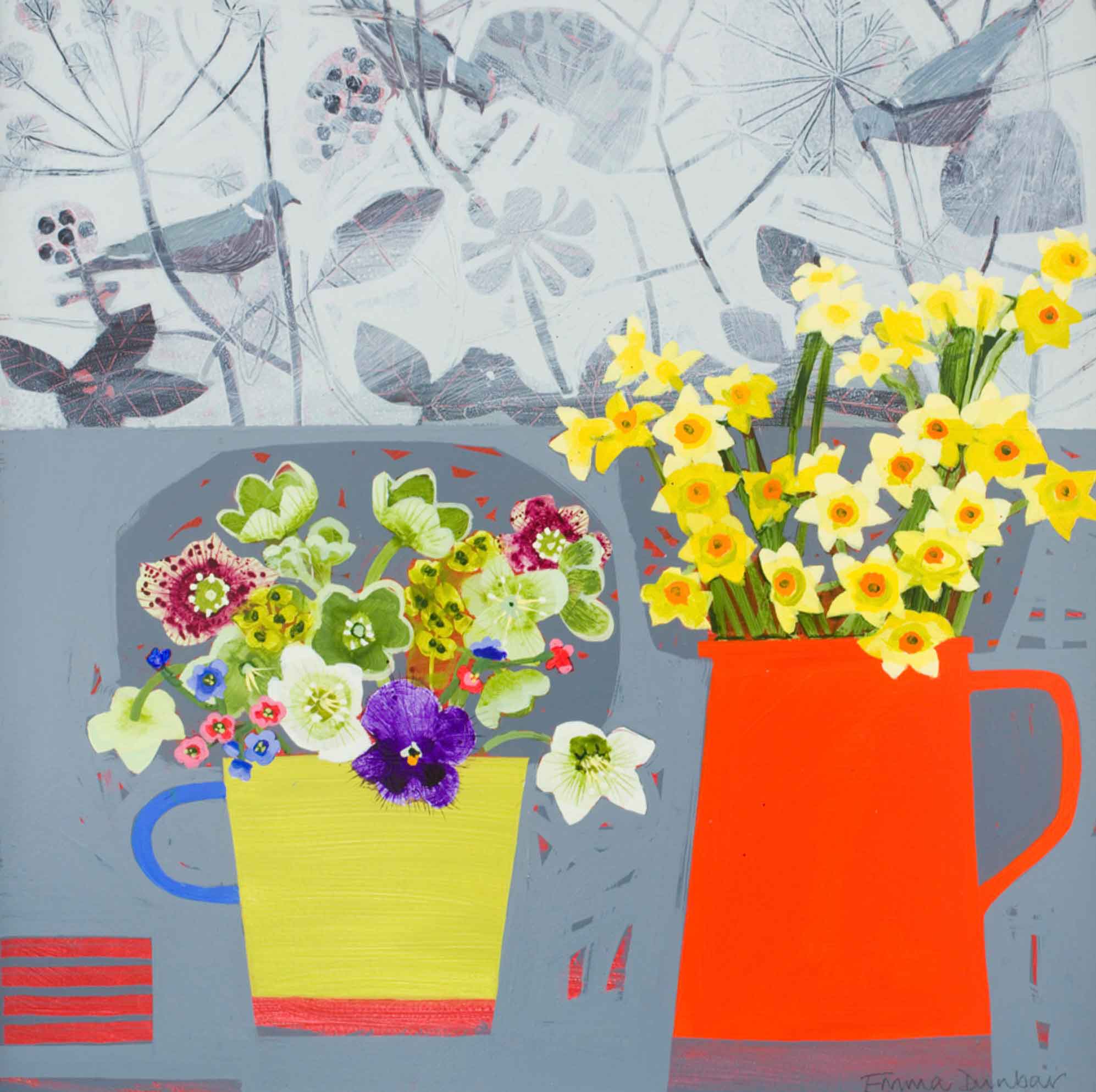 A Spring Day, Pigeons. Still Life Floral Paintings by Emma Dunbar. Acrylic on board.