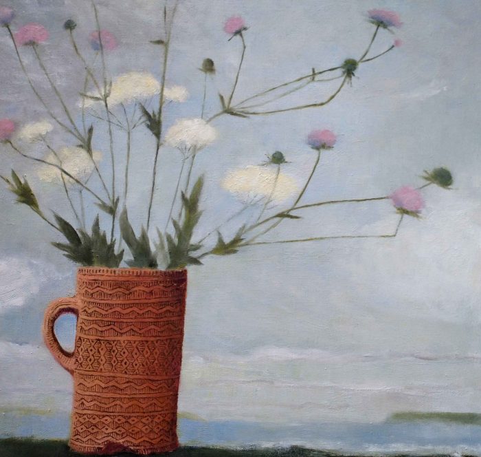 Field Scabious & Earthnut in Handled Beaker. Floral Landscape Paintings by Jane Brayne. Oil on board.