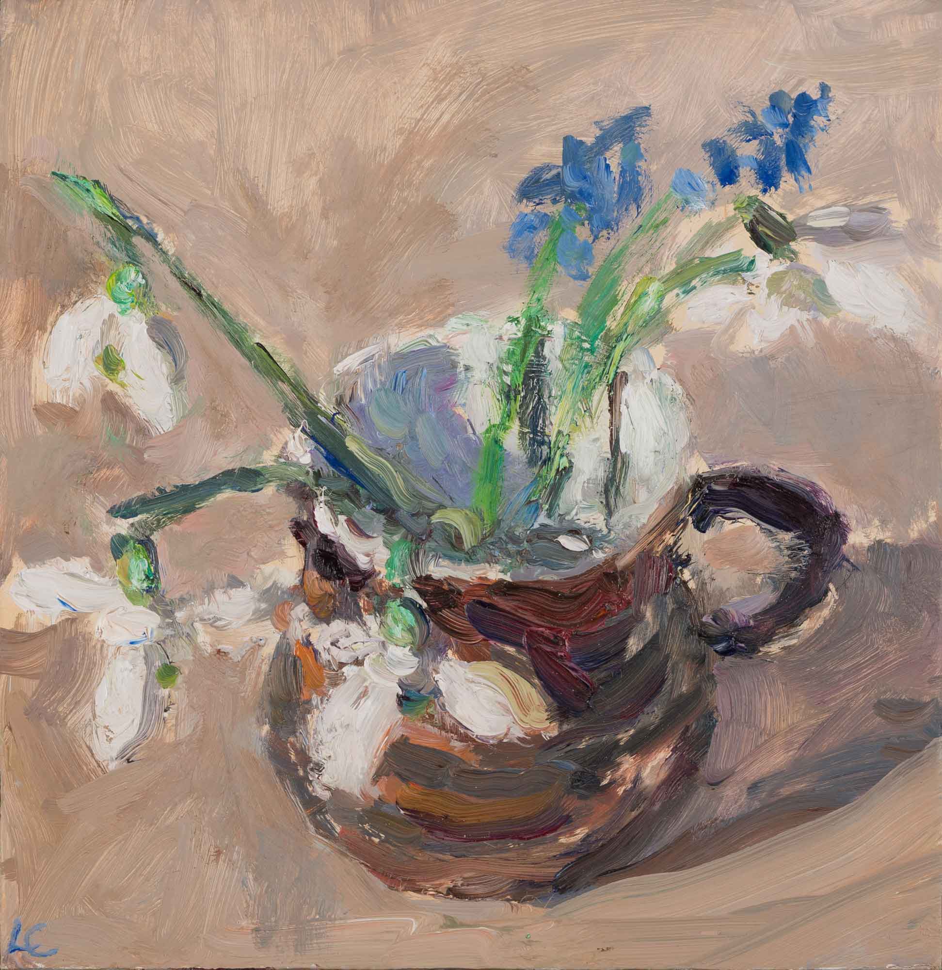 Grape Hyacinths & Snowdrops. Still Life Floral Paintings by Lynne Cartlidge. Oil on board.