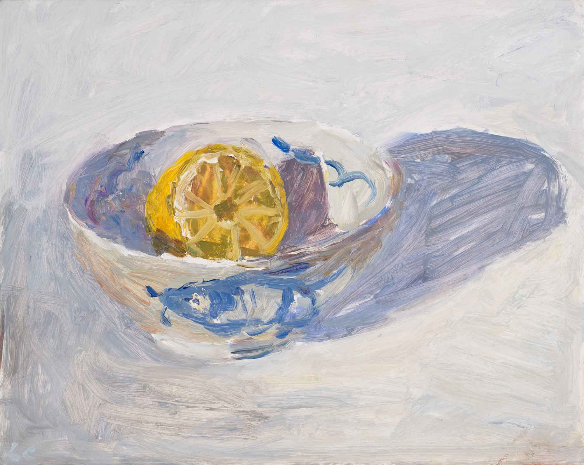 Lemon Half in Morning Light. Seascape Interiors Paintings by Lynne Cartlidge. Oil on board.