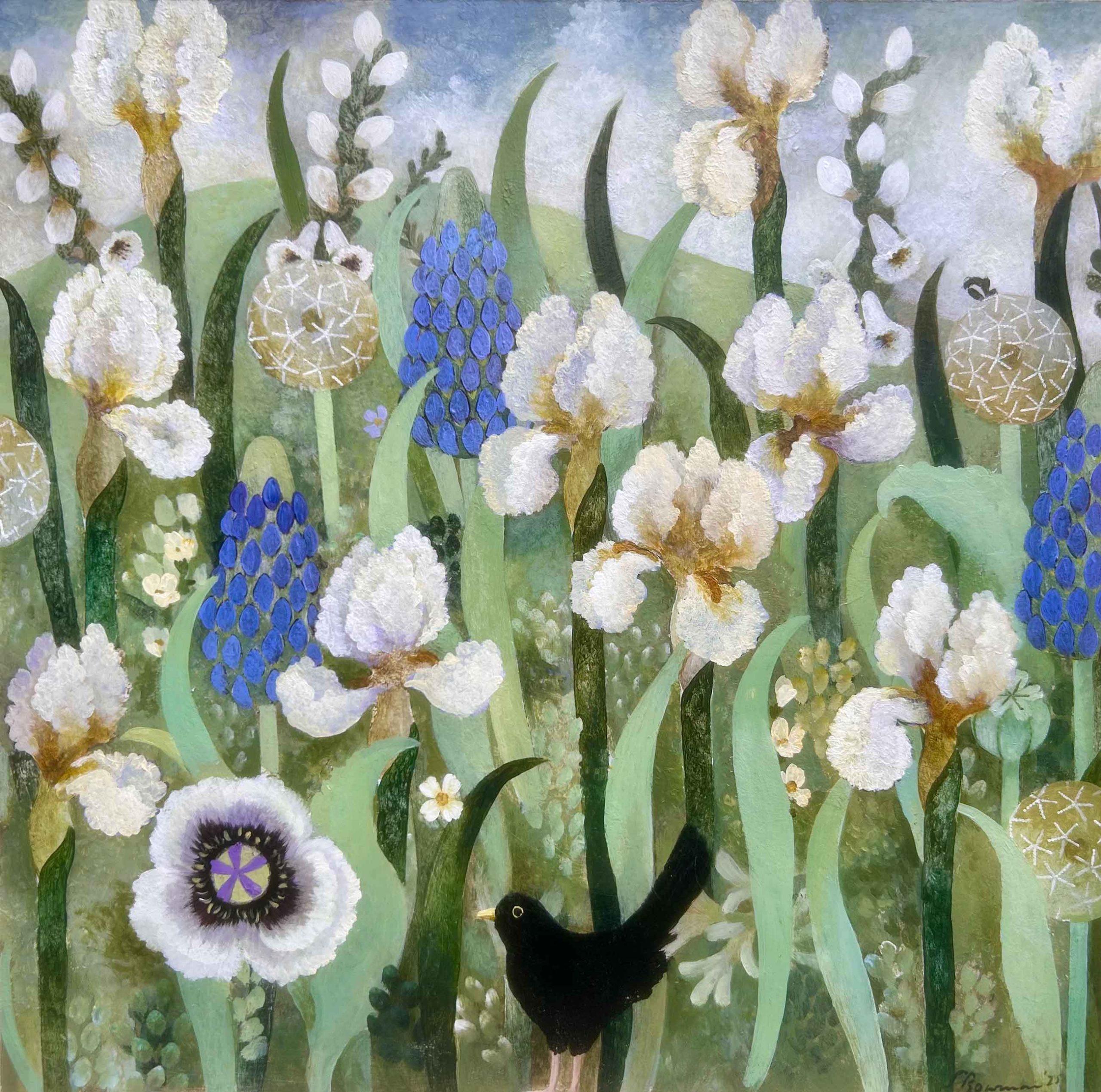 Blue Lupins. Birds & Animals Landscape Paintings by Sarah Bowman. Oil on board.