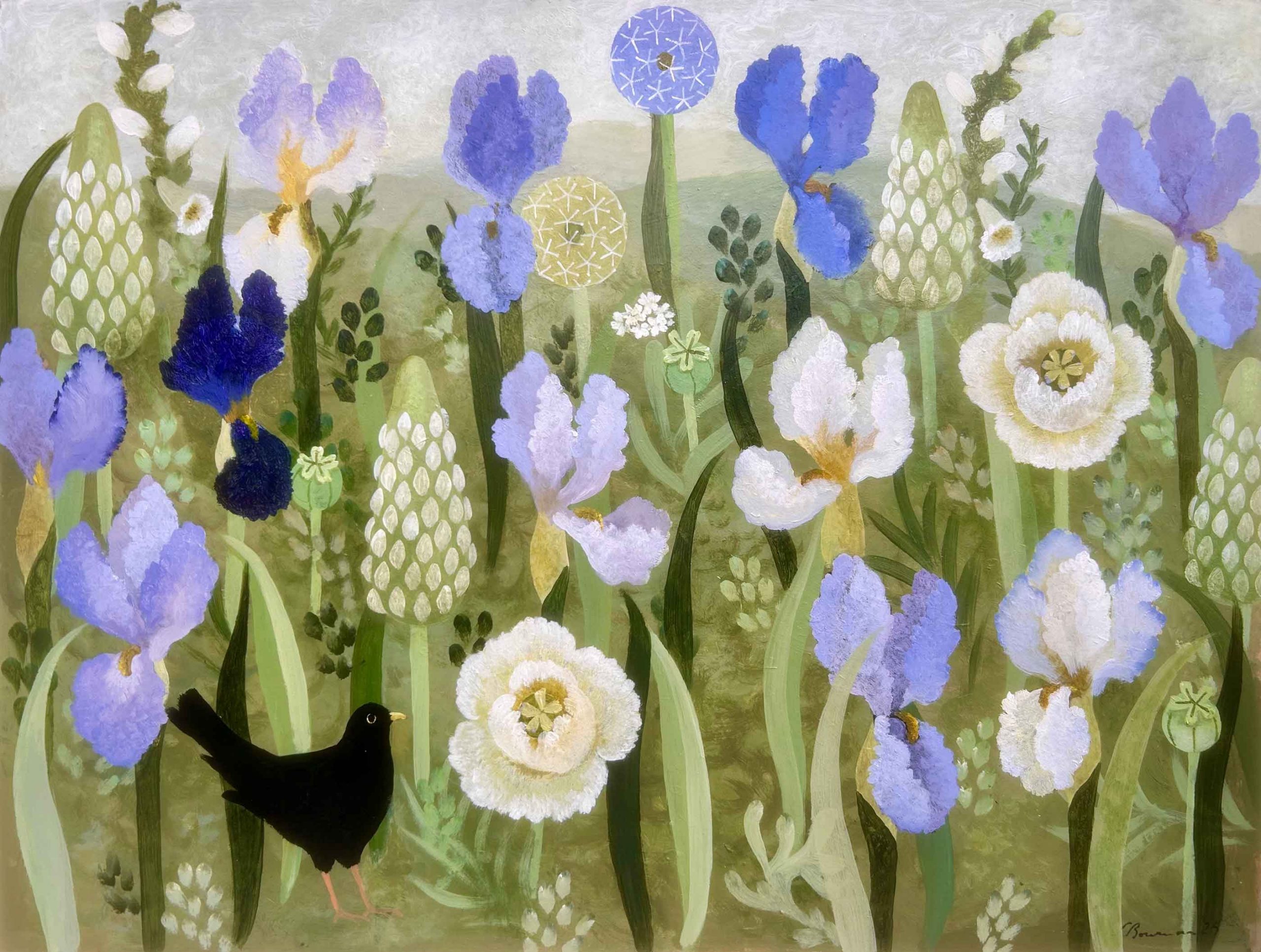 White Poppies. Birds & Animals Landscape Paintings by Sarah Bowman. Oil on board.