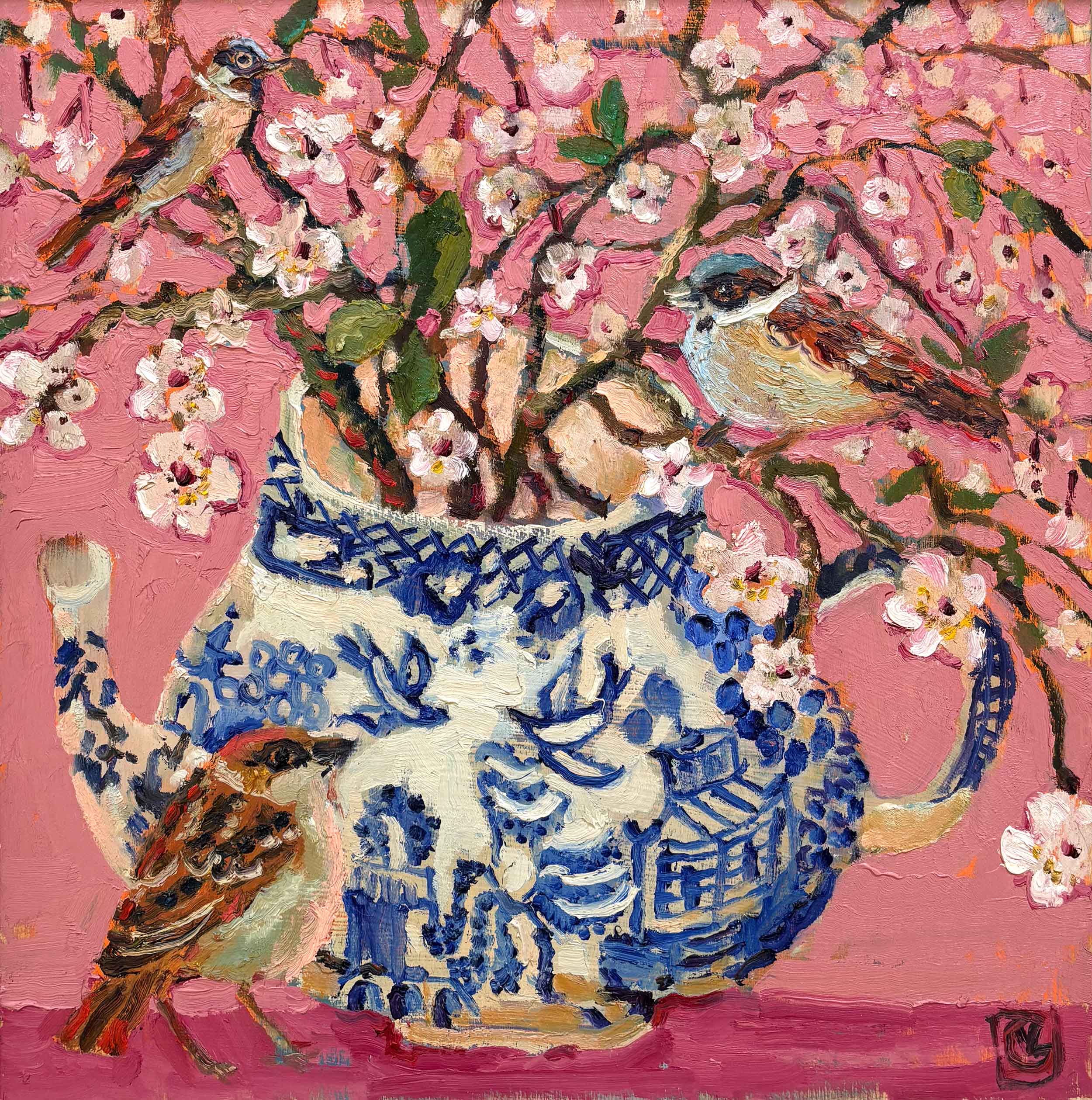 Cherry Blossom. Birds & Animals Floral Paintings by Vanessa Cooper. Oil on board.
