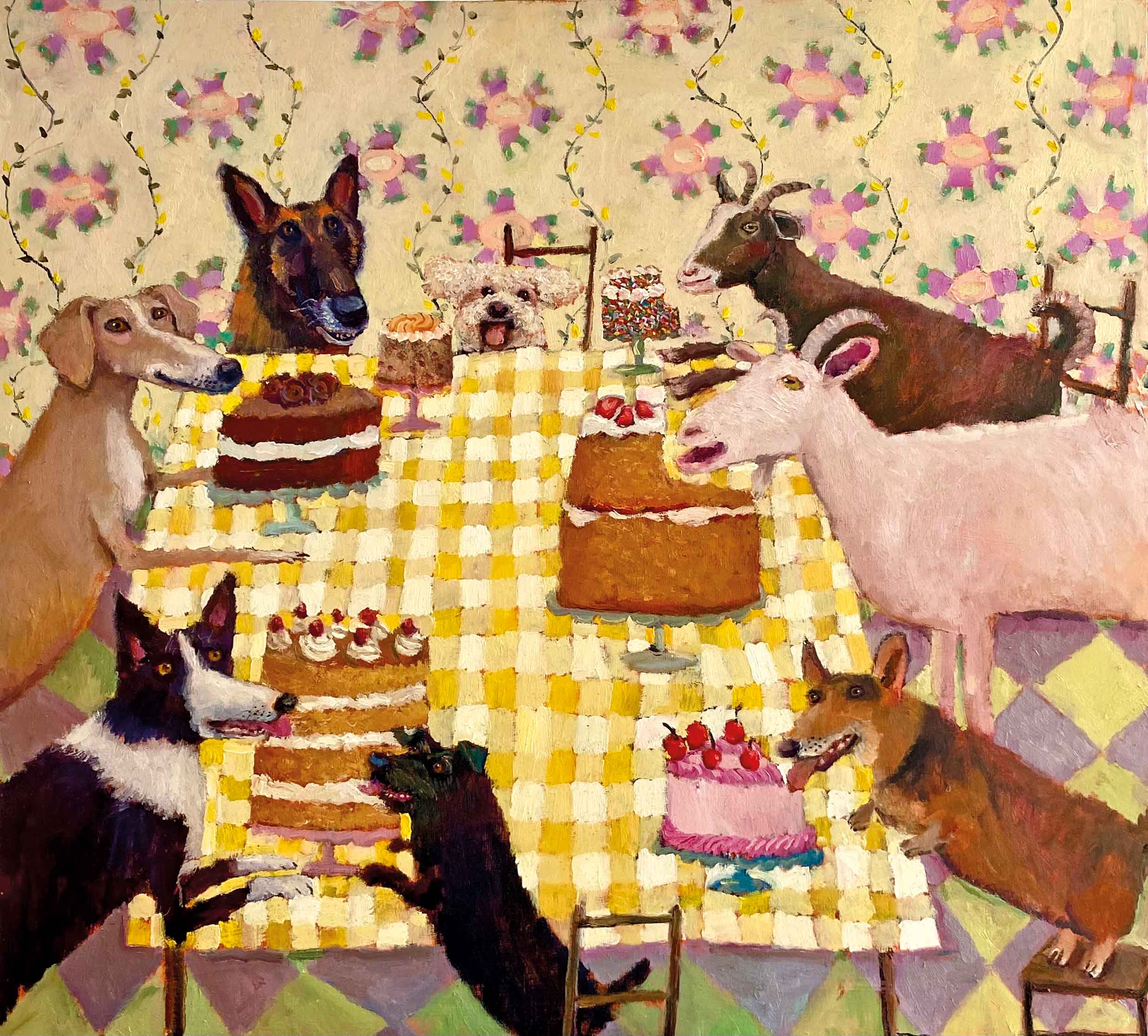 Dogs, Cakes & Goats. Birds & Animals Interiors Paintings by Vanessa Cooper. Oil on board.