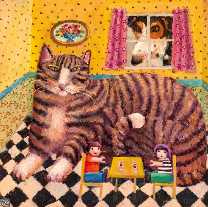 It's Behind You. Birds & Animals Interiors Paintings by Vanessa Cooper. Oil on board.