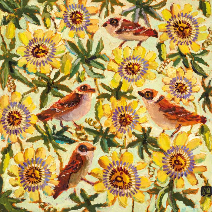 Passion Flowers. Birds & Animals Floral Paintings by Vanessa Cooper. Oil on board.