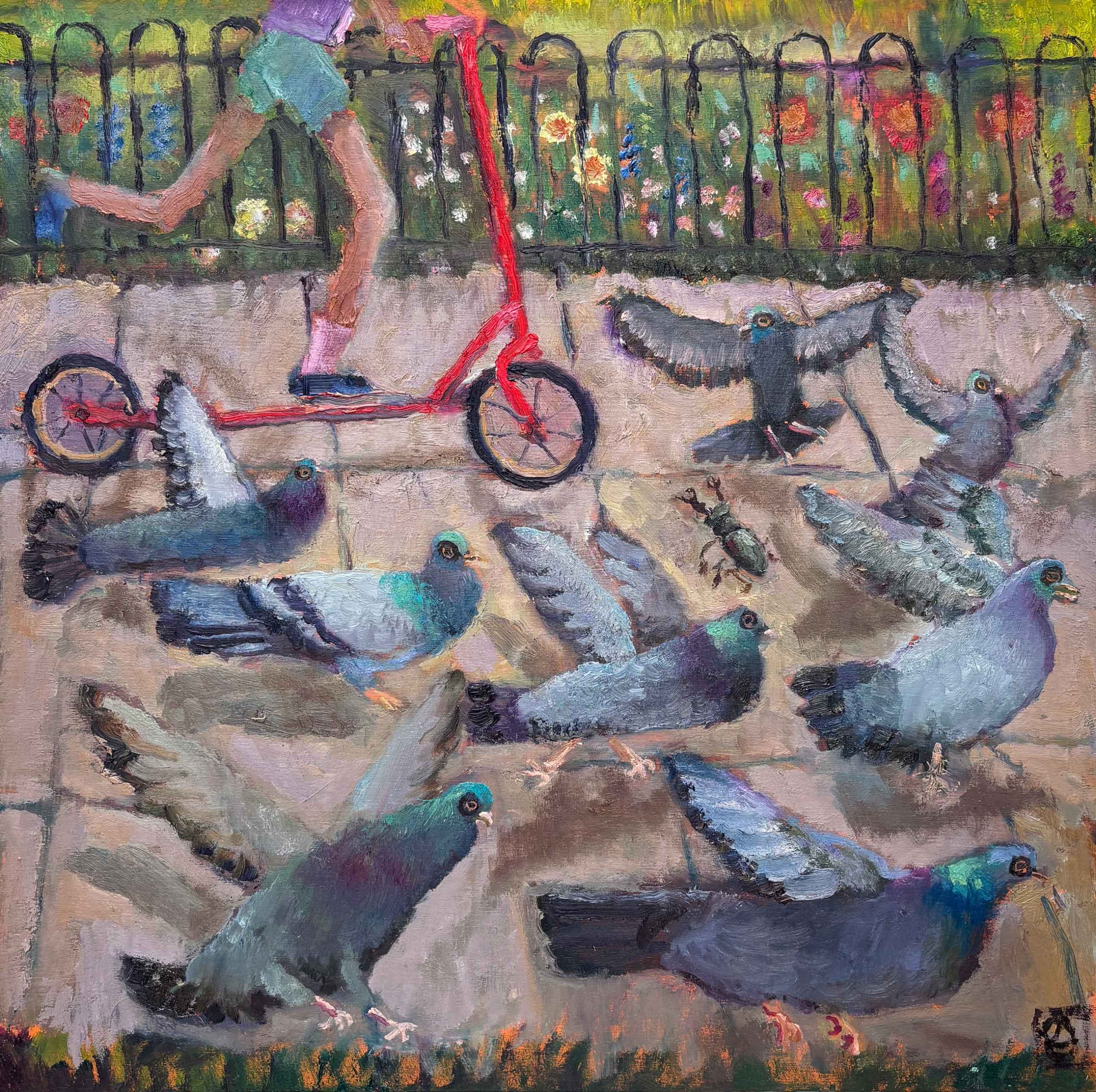 Red Scooter. Figurative Birds & Animals Paintings by Vanessa Cooper. Oil on board.