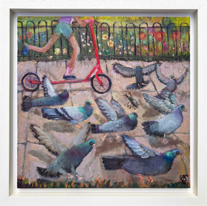 Red Scooter. Figurative Birds & Animals Paintings by Vanessa Cooper. Oil on board.