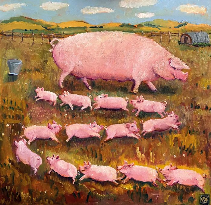 Sausages. Birds & Animals Landscape Paintings by Vanessa Cooper. Oil on board.