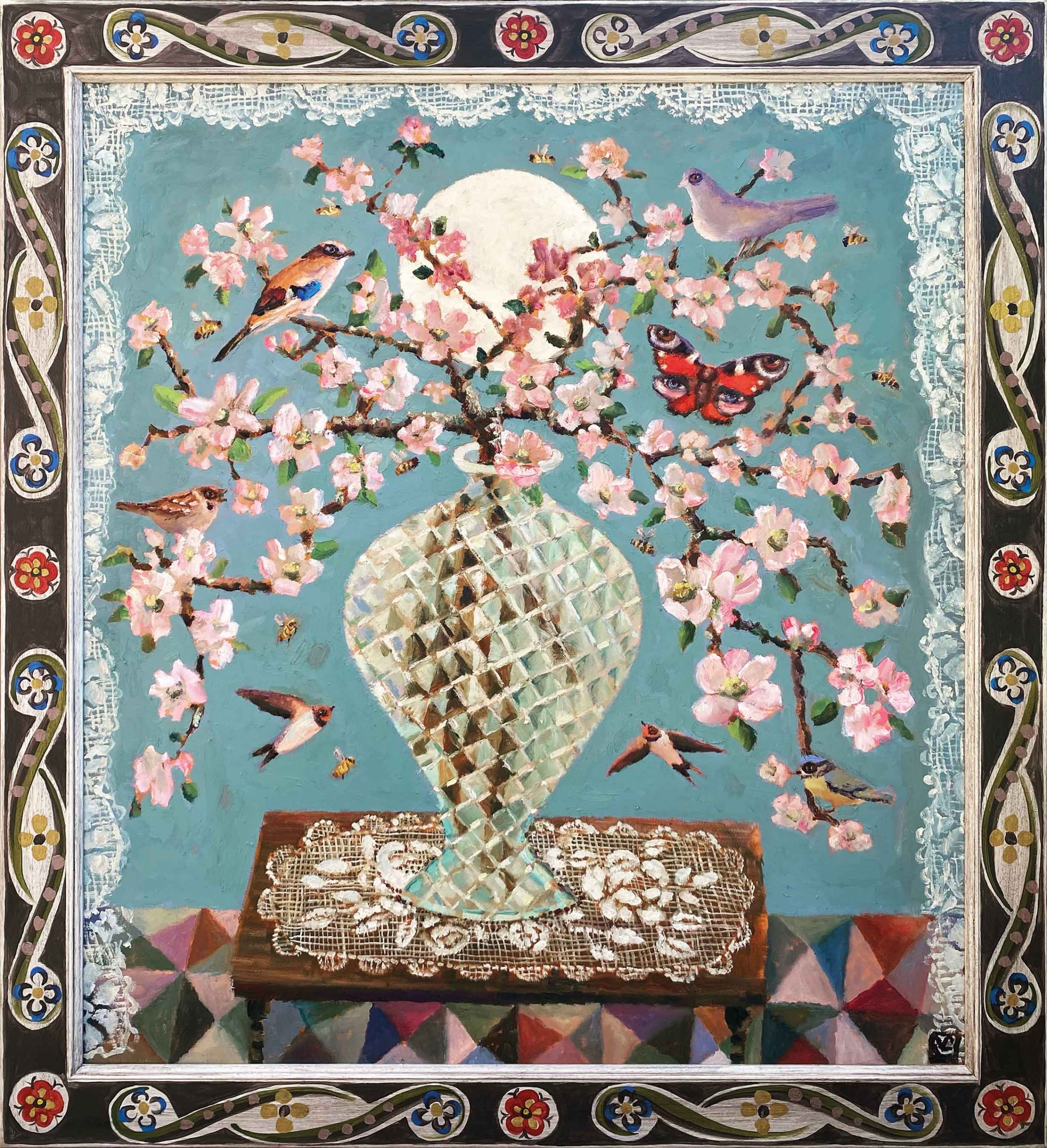 Tell It To The Bees. Birds & Animals Floral Paintings by Vanessa Cooper. Oil on board with hand painted frame.