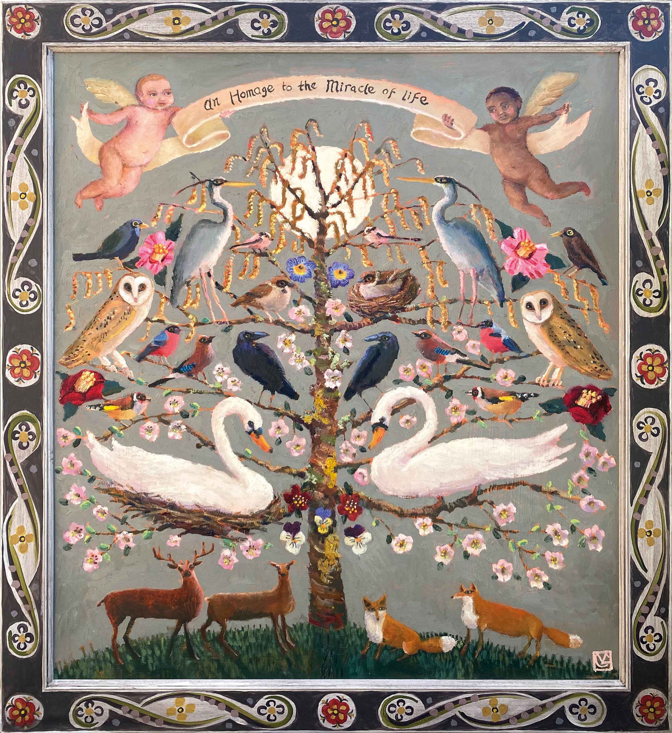 Tree of Life, Dusk. Birds & Animals Floral Paintings by Vanessa Cooper. Oil on board with hand painted frame.