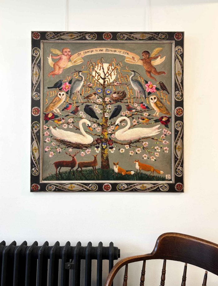 Tree of Life, Dusk. Birds & Animals Floral Paintings by Vanessa Cooper. Oil on board with hand painted frame.