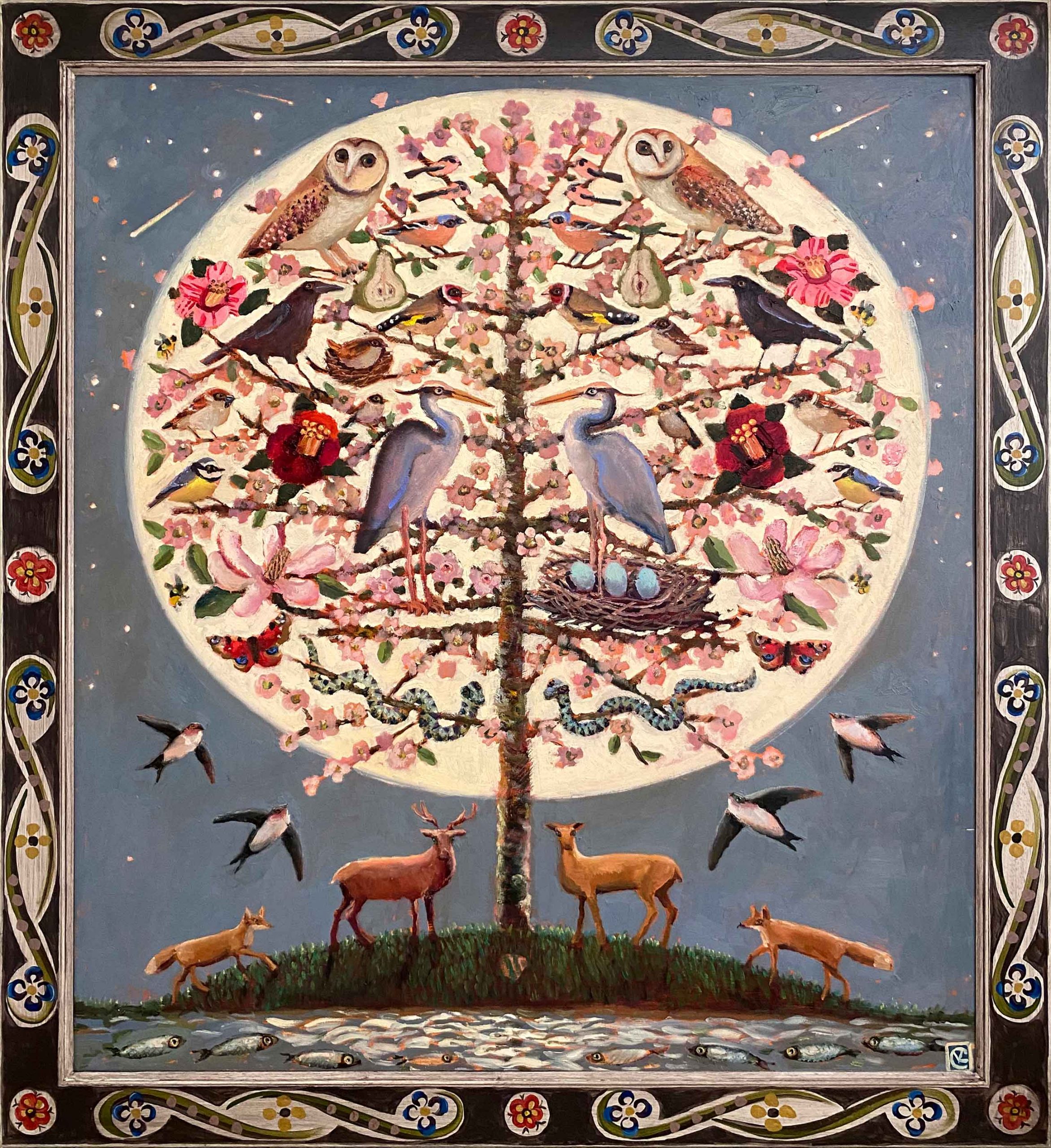 Under the Moonlight. Birds & Animals Landscape Paintings by Vanessa Cooper. Oil on board with hand painted frame.