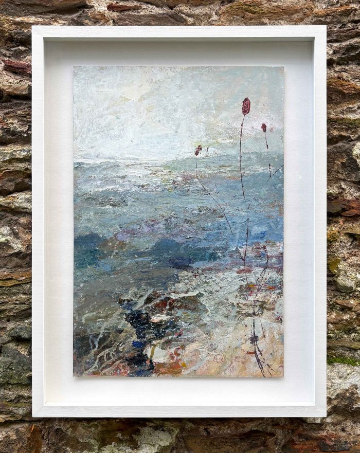 Looking Back to Towans Beach. Cornwall Seascape Paintings by Ellen Watson. Mixed media on paper.