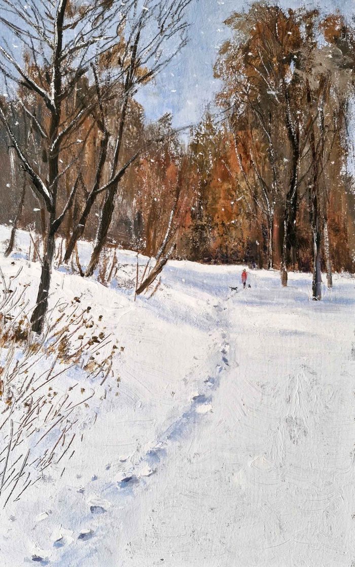 Winter Morning Walk. Landscape  Paintings by Caroline McMillan Davey. Oil on board.