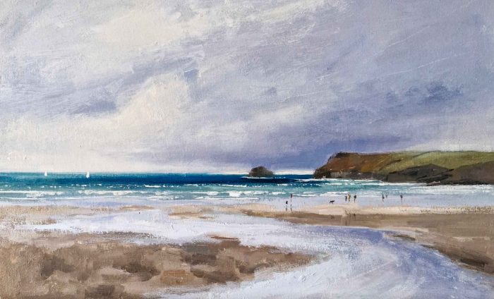 Sails & Walkers, Polzeath. Cornwall Seascape Paintings by Caroline McMillan Davey. Oil on board.