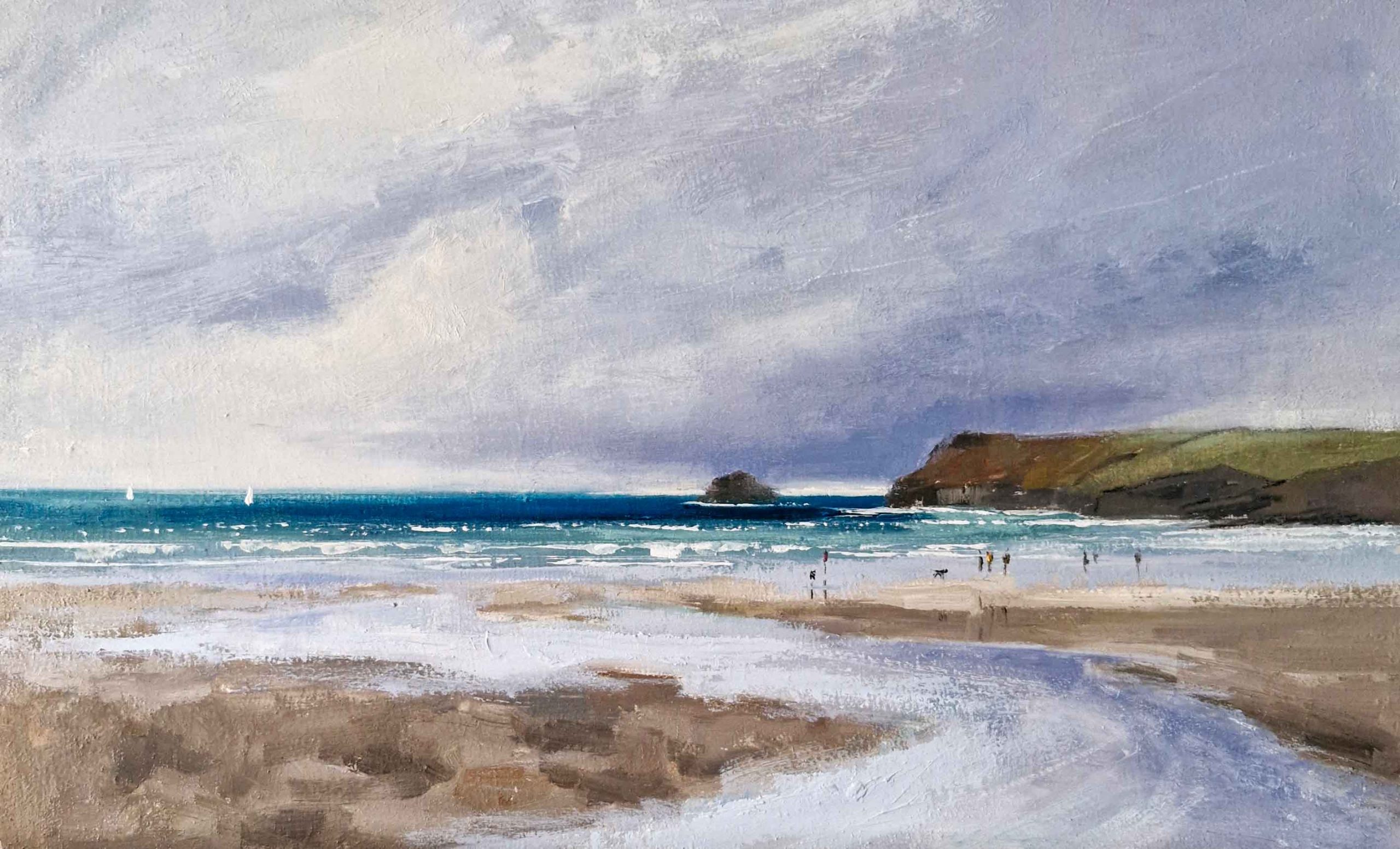 Sails & Walkers, Polzeath. Cornwall Seascape Paintings by Caroline McMillan Davey. Oil on board.