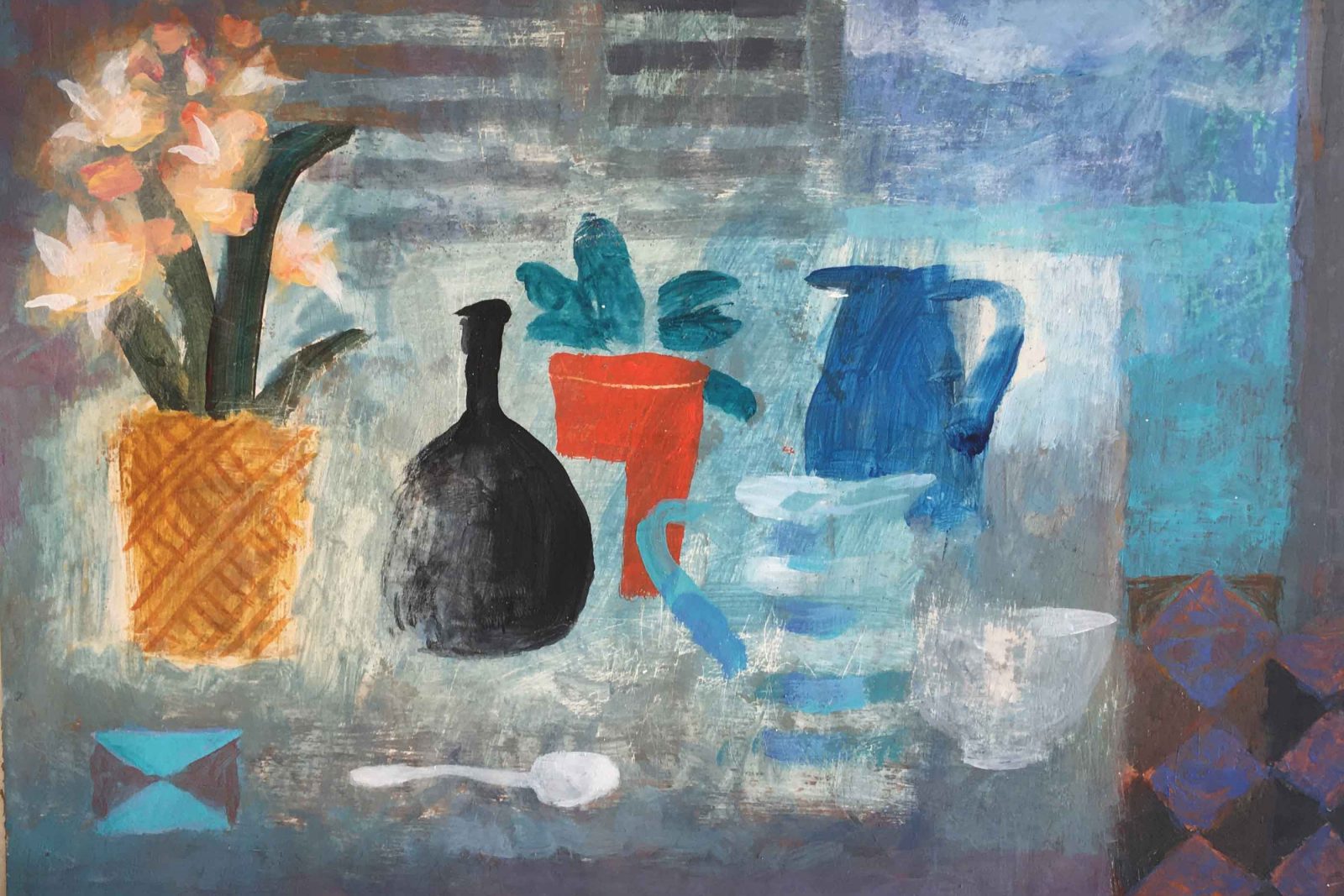 Still Life With Spoon. Still Life Interiors Paintings by Charlie Baird. Mixed media on board.
