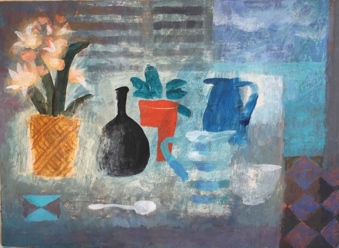 Still Life With Spoon. Still Life Interiors Paintings by Charlie Baird. Mixed media on board.