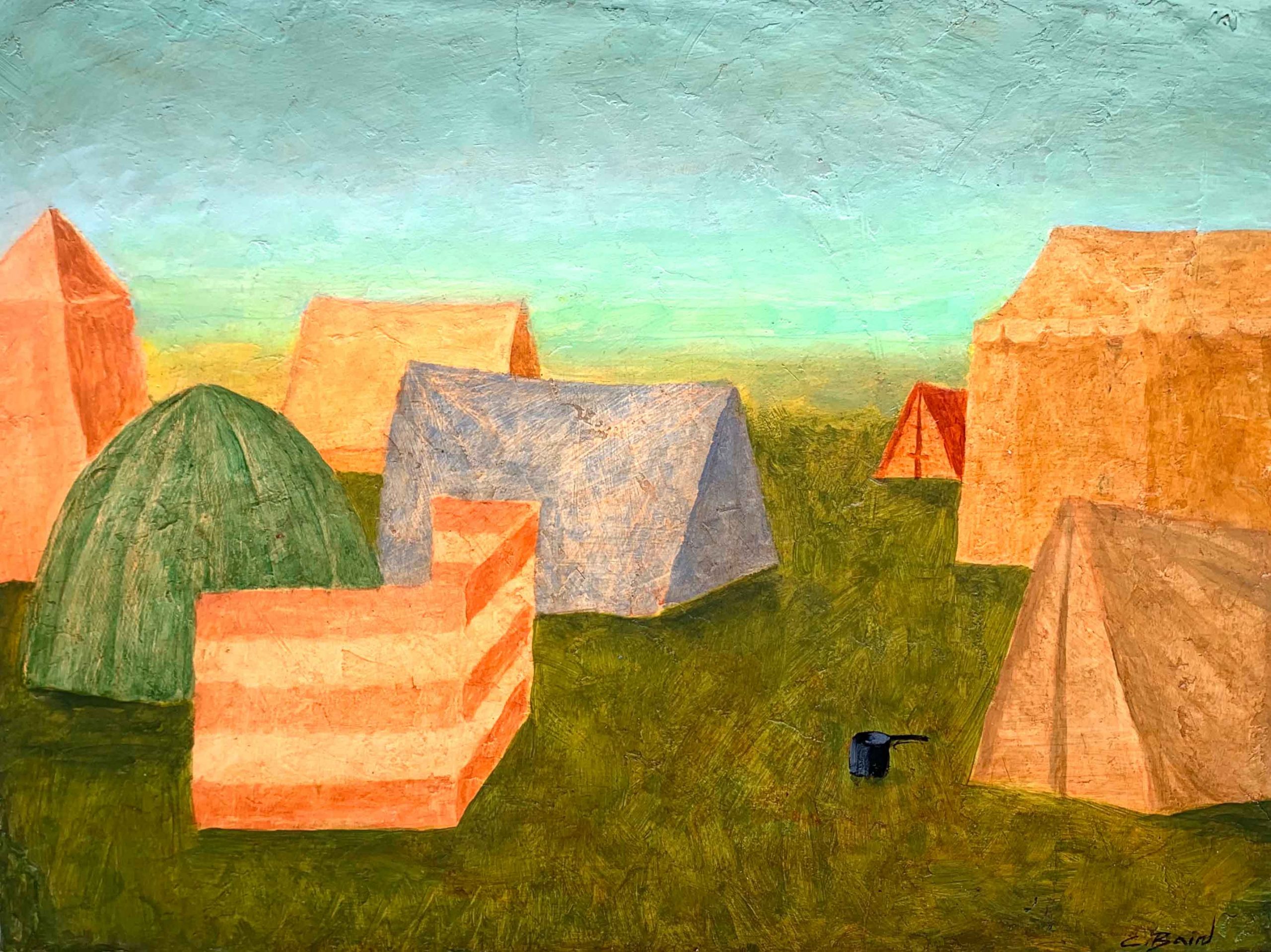 Tents. Landscape  Paintings by Charlie Baird. Mixed media on board.