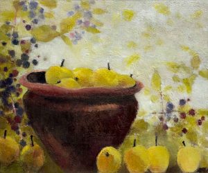 Crabapples. Still Life  Paintings by Jane Brayne. Oil on lime wood panel.