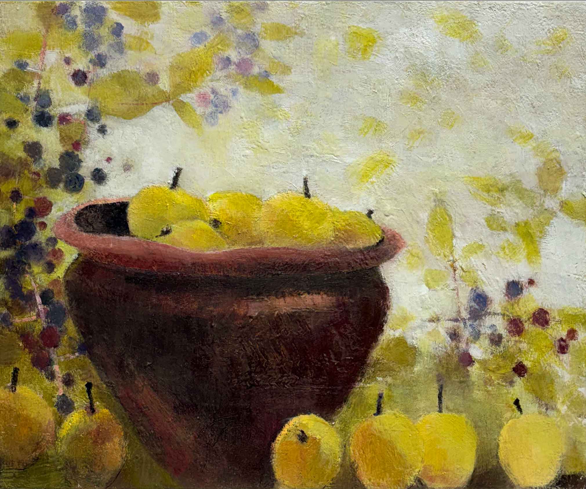 Crabapples. Still Life  Paintings by Jane Brayne. Oil on lime wood panel.