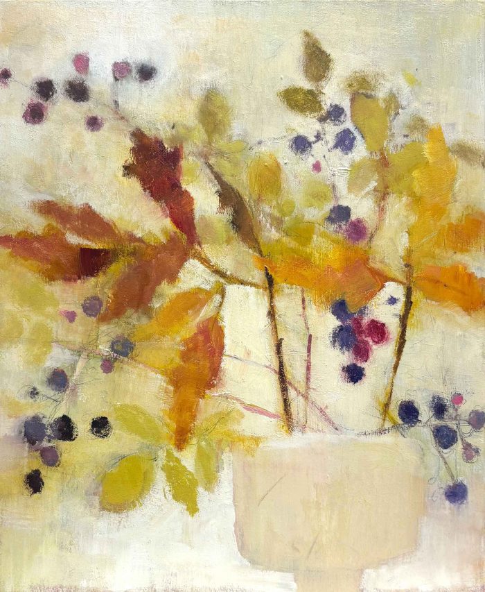 Oak & Bramble in a Tea Bowl. Still Life  Paintings by Jane Brayne. Oil on lime wood panel.