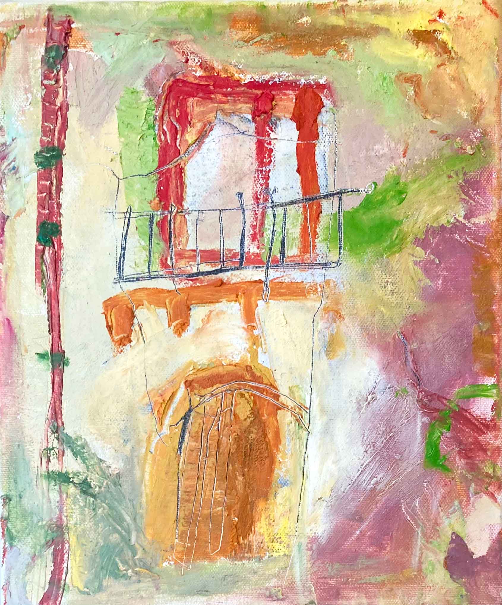 Balcony in Burnt Orange. European Interiors Paintings by Julia Maleeva. Oil & cold wax on canvas.