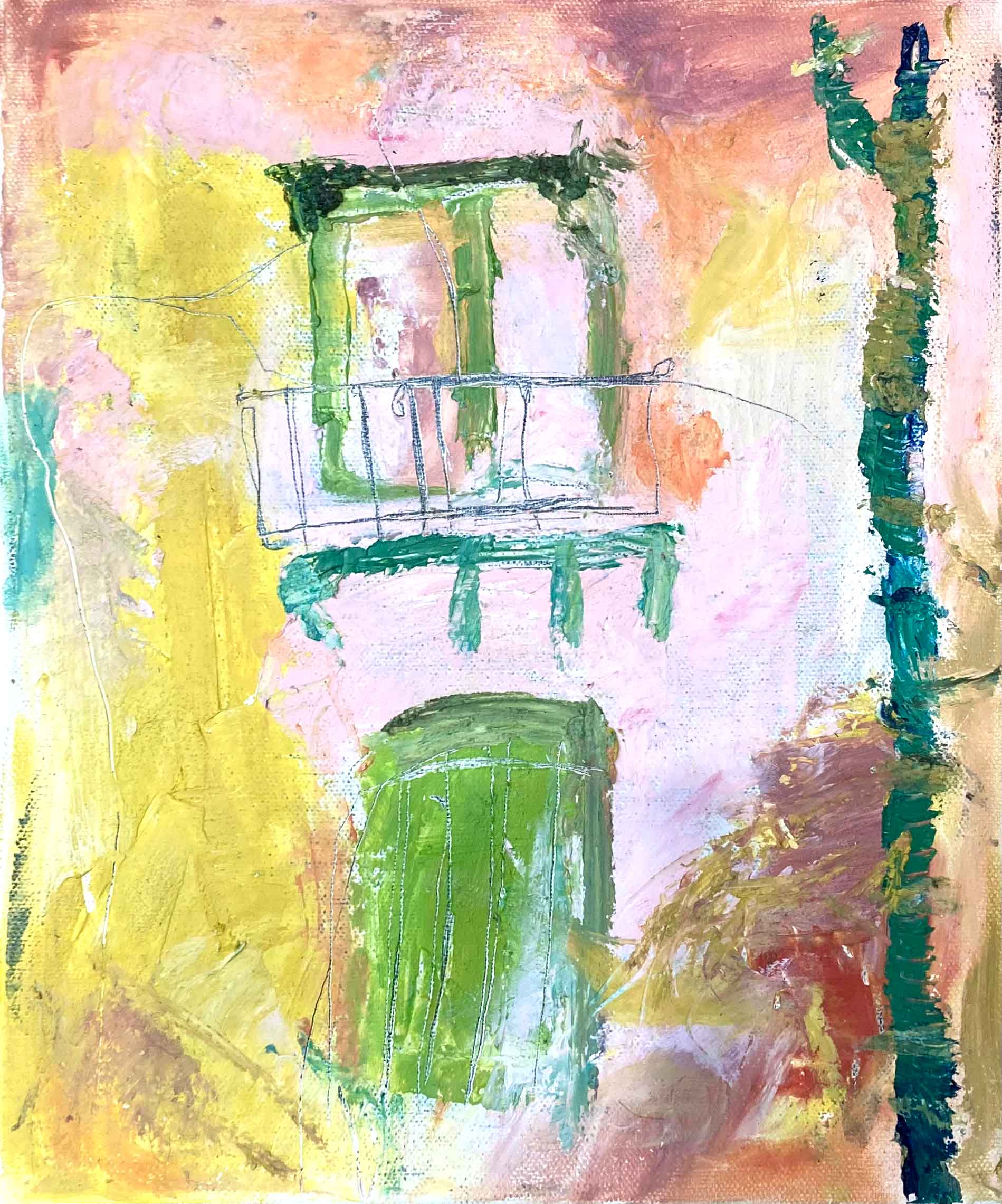 Balcony in Olive Green. European Interiors Paintings by Julia Maleeva. Oil & cold wax on canvas.