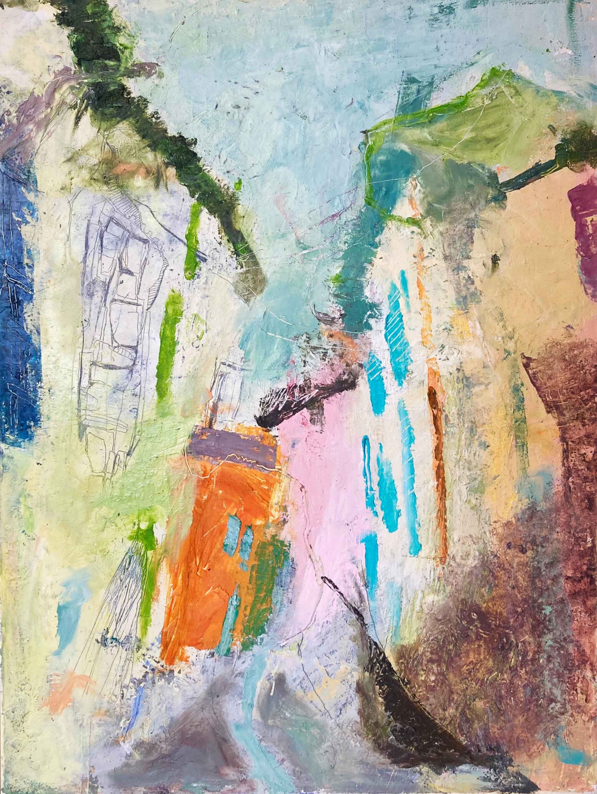 Orange House, Blue Shutters. European Interiors Paintings by Julia Maleeva. Oil & cold wax on canvas.