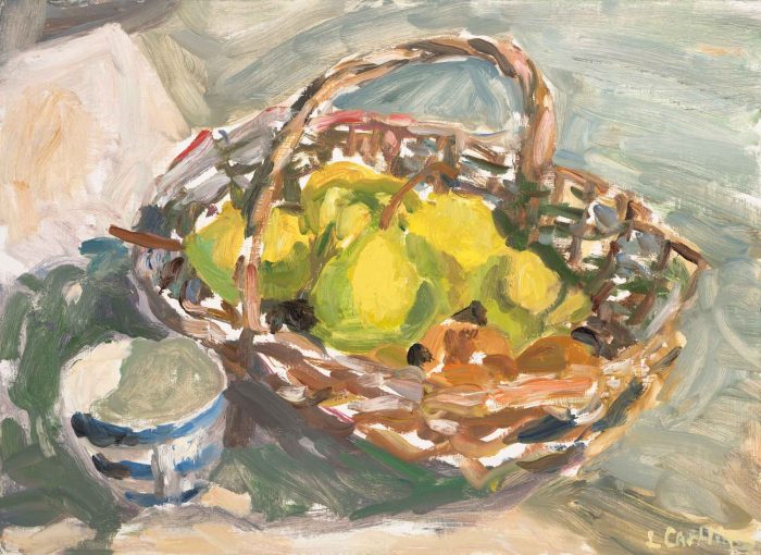Two Pears.   Paintings by Lynne Cartlidge. Oil on board.