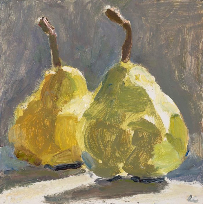 Two Pears.   Paintings by Lynne Cartlidge. Oil on board.