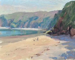 Foreland Point From the Beach. Landscape Seascape Paintings by Maria Rose. Oil on board.