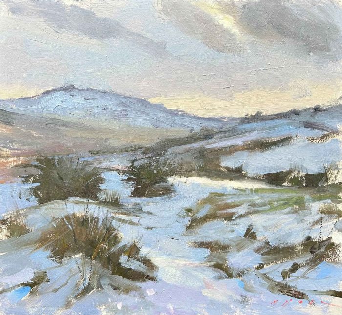 Yes Tor in Snow. Dartmoor Landscape Paintings by Maria Rose. Oil on board.