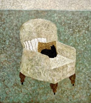 Cat on a Mustard Cushion. Birds & Animals Interiors Paintings by Sarah Bowman. Oil on board.