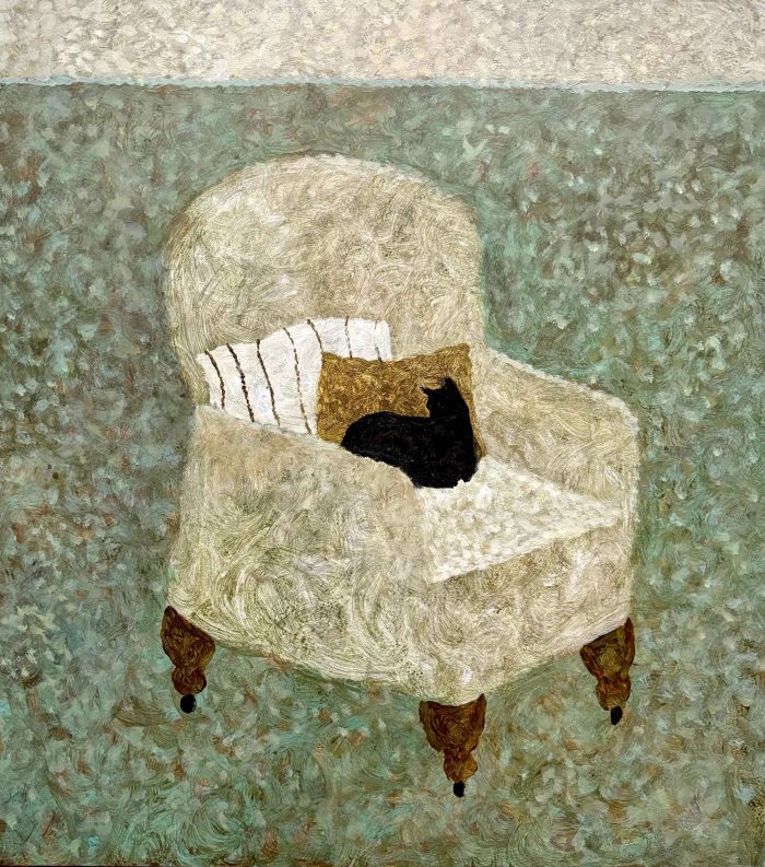 Cat on a Mustard Cushion. Birds & Animals Interiors Paintings by Sarah Bowman. Oil on board.