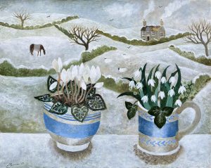 Cyclamen & Snowdrops. Birds & Animals Devon Paintings by Sarah Bowman. Oil on board.