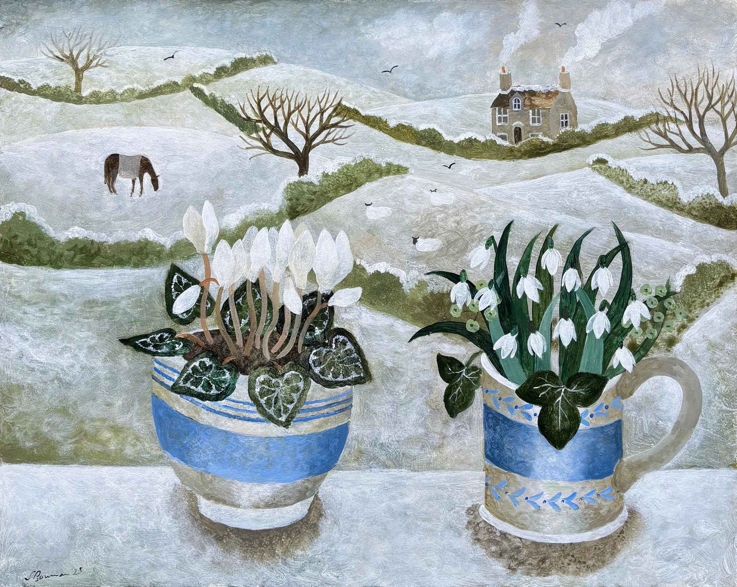 Cyclamen & Snowdrops. Birds & Animals Devon Paintings by Sarah Bowman. Oil on board.