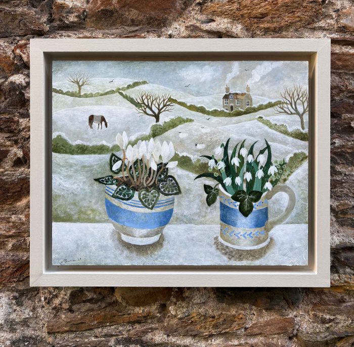 Cyclamen & Snowdrops. Birds & Animals Devon Paintings by Sarah Bowman. Oil on board.