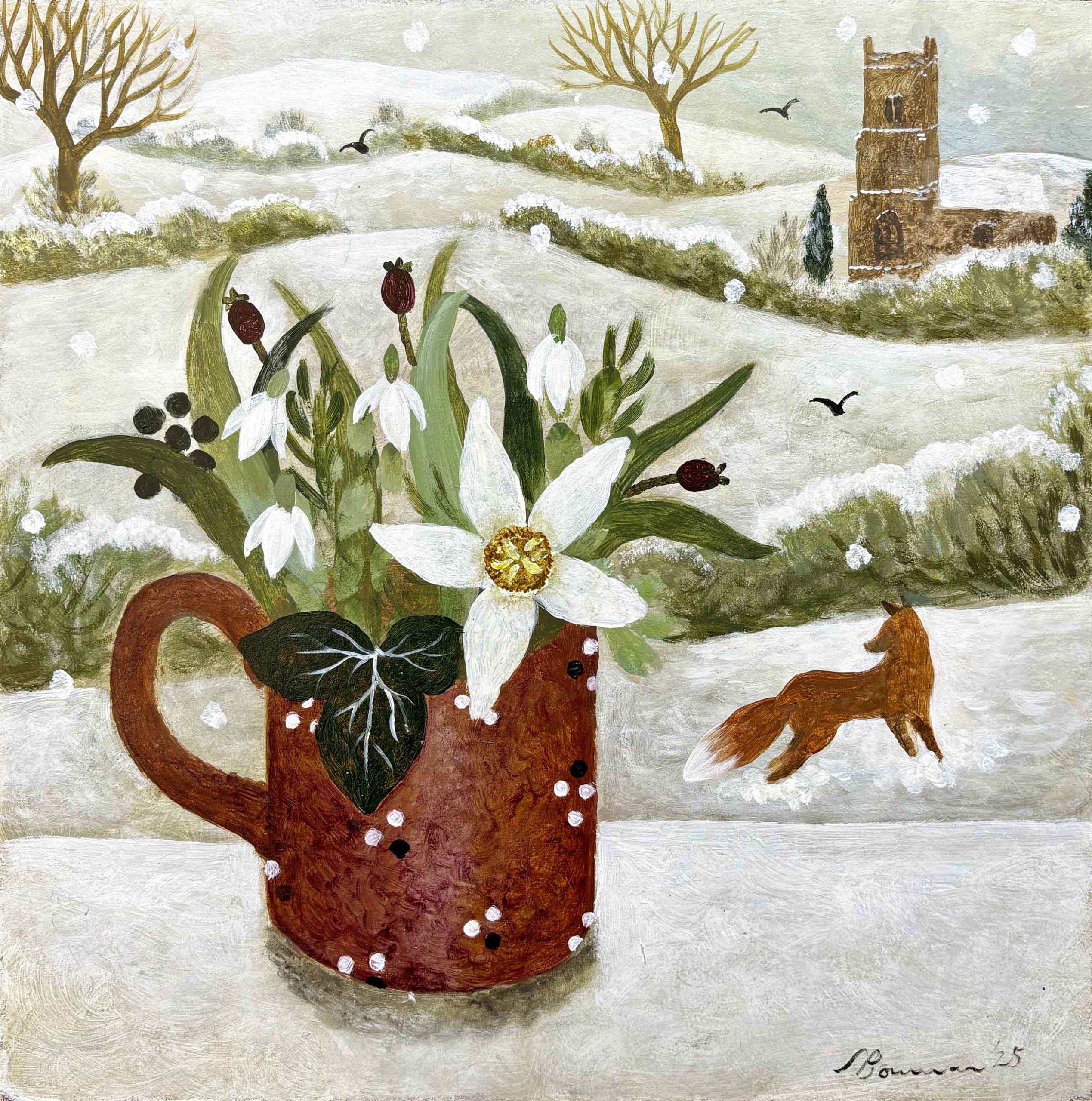 Fox & Church. Landscape Floral Paintings by Sarah Bowman. Oil on board.