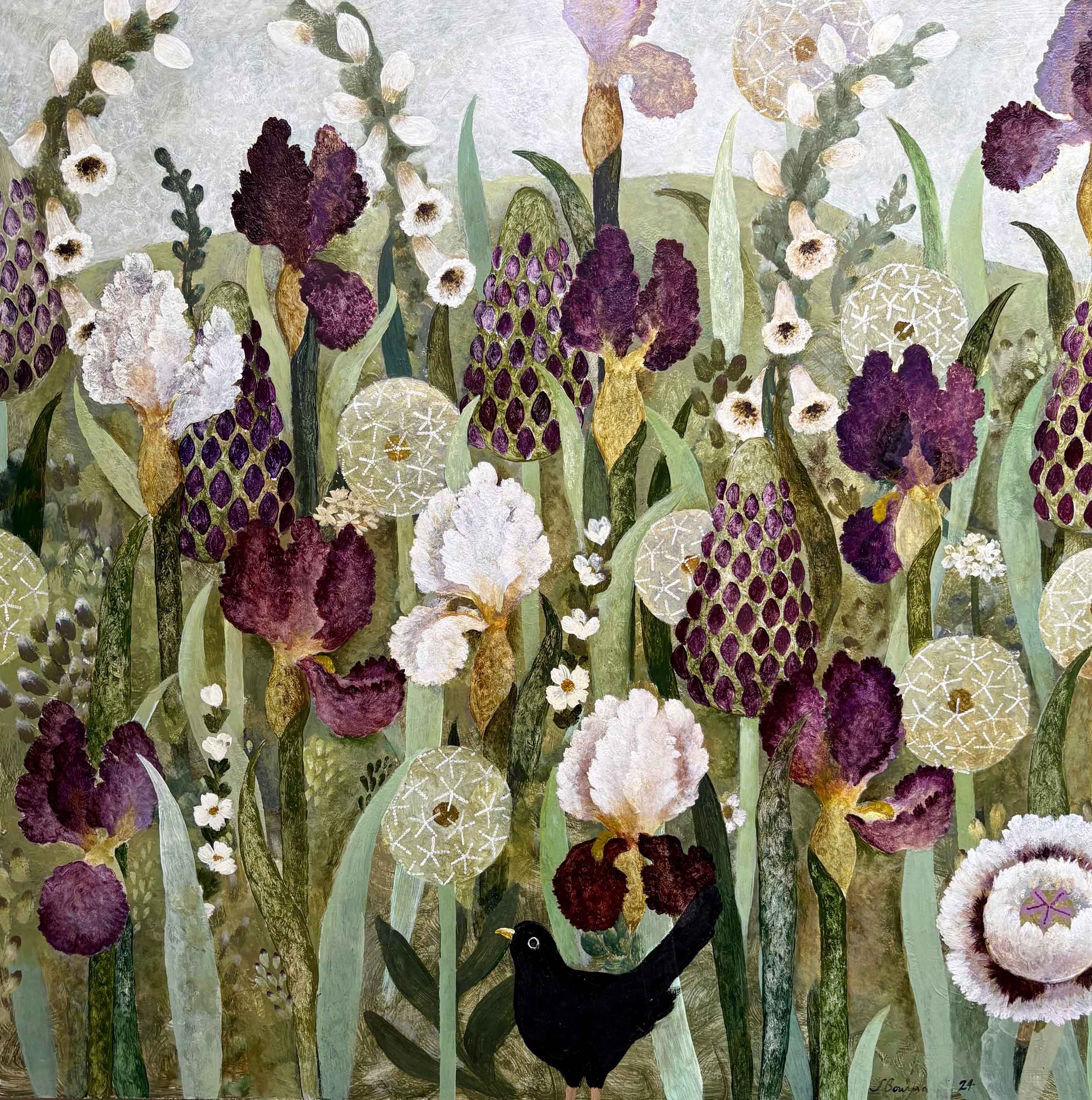 Jewelled Garden. Birds & Animals Floral Paintings by Sarah Bowman. Oil on board.