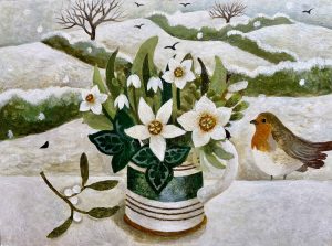 Mistletoe & Robin. Birds & Animals Landscape Paintings by Sarah Bowman. Oil on board.